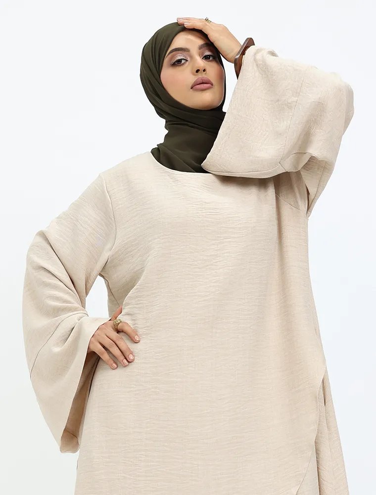 Beige Linen Feel Wrap Co Ord Set